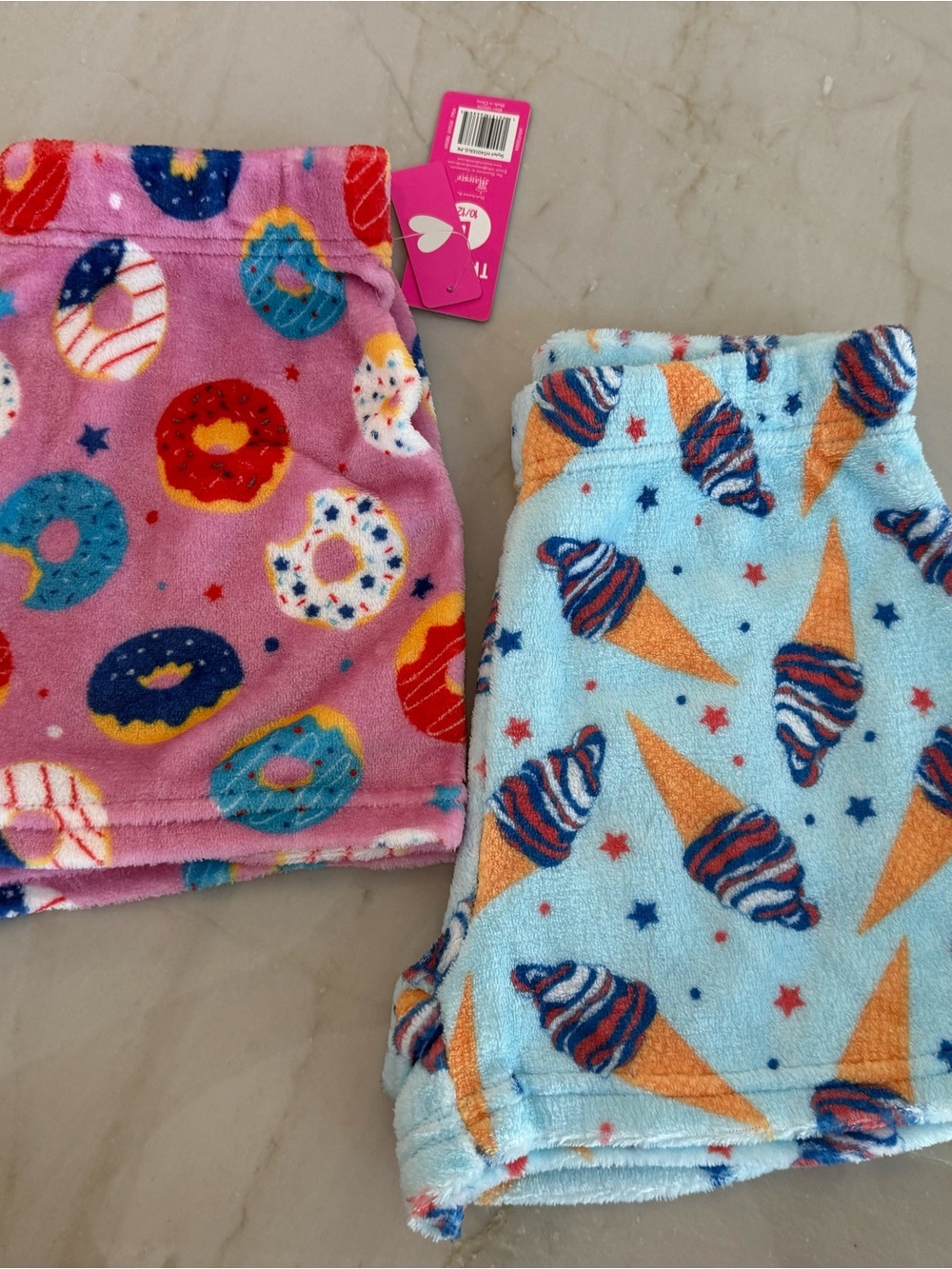 Kids Plush Pajama Bottoms - Pink Donut & Light Blue Ice Cream Prints